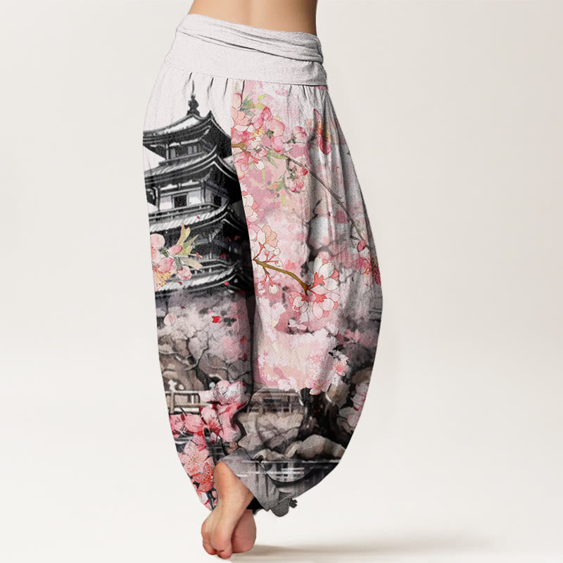 Buddha Stones ​​Baumwollpavillon Kirschblütenmuster Damen Haremshose mit elastischem Bund - image 1
