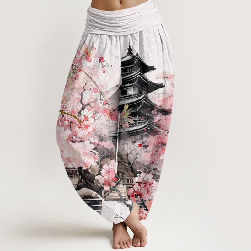 Buddha Stones Pavilion Damen-Haremshose mit elastischer Taille und Kirschblütenmuster - Weiß - US22， UK/AU26，EU54 (6XL) - image 1