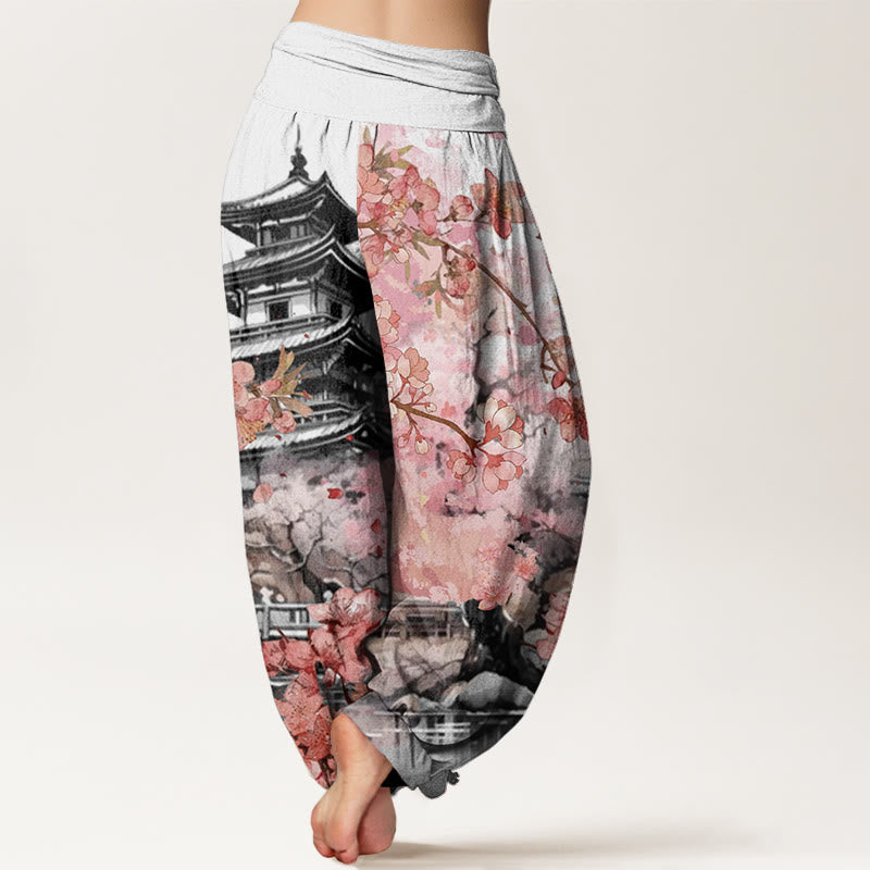 Buddha Stones ​​Baumwollpavillon Kirschblütenmuster Damen Haremshose mit elastischem Bund - image 5