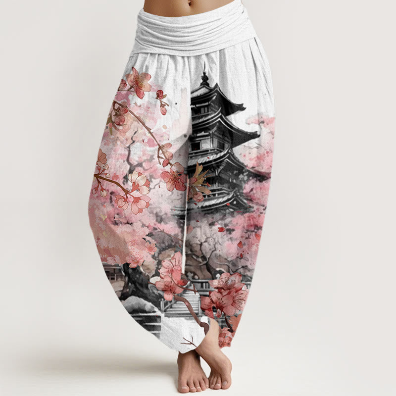 Buddha Stones ​​Baumwollpavillon Kirschblütenmuster Damen Haremshose mit elastischem Bund - Schnee - US22, UK/AU26, EU54 (6XL) - image 4