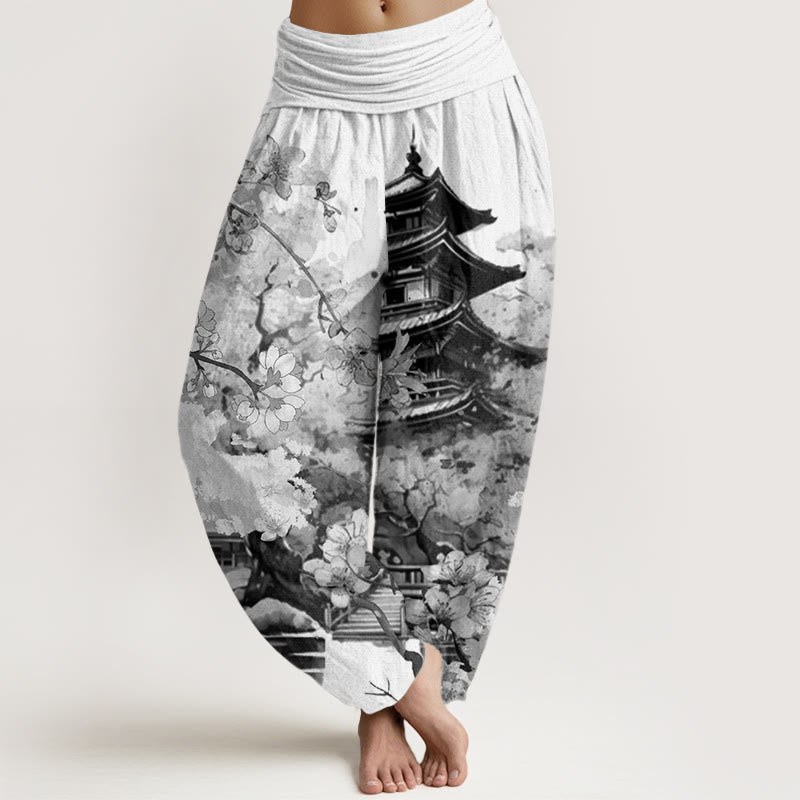 Buddha Stones ​​Baumwollpavillon Kirschblütenmuster Damen Haremshose mit elastischem Bund - Weißer Rauch - US22, UK/AU26, EU54 (6XL) - image 7