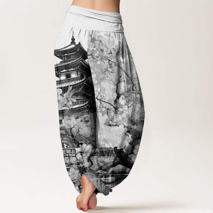 Buddha Stones ​​Baumwollpavillon Kirschblütenmuster Damen Haremshose mit elastischem Bund - image 8