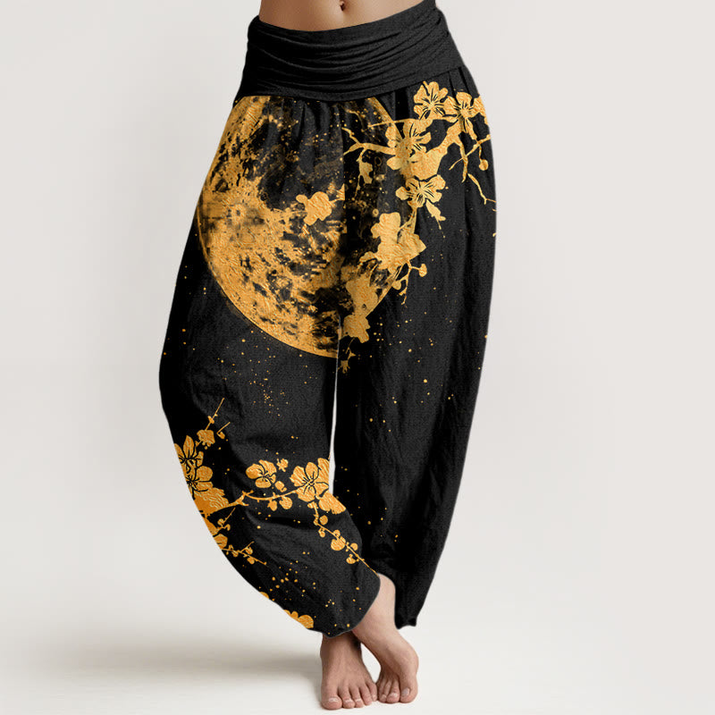 Buddha Stones Goldene Pflaumenblüte Vollmondmuster Damen Haremshose mit elastischer Taille - Schwarz - US22， UK/AU26，EU54 (6XL) - image 1