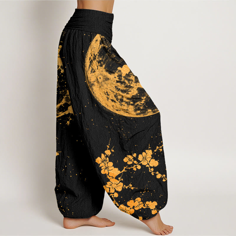 Buddha Stones Goldene Pflaumenblüte Vollmondmuster Damen Haremshose mit elastischer Taille - image 3