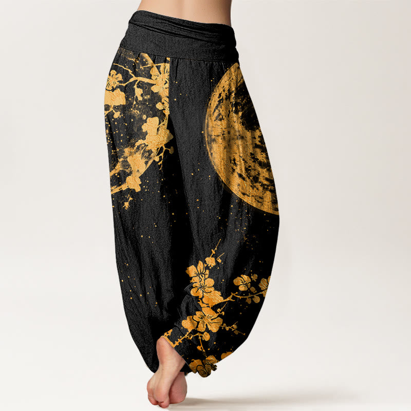 Buddha Stones Goldene Pflaumenblüte Vollmondmuster Damen Haremshose mit elastischer Taille - image 2