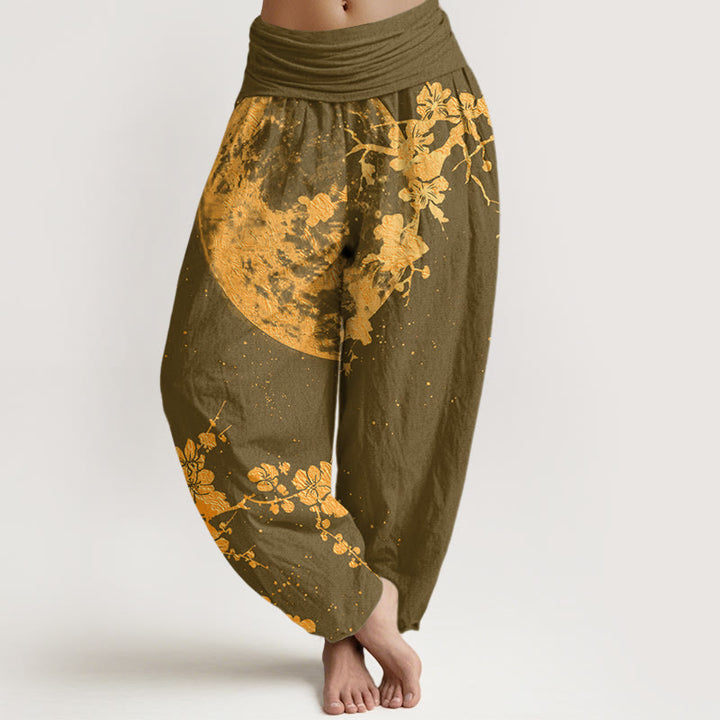 Buddha Stones Goldene Pflaumenblüte Vollmondmuster Damen Haremshose mit elastischer Taille - Olive - US22， UK/AU26，EU54 (6XL) - image 5