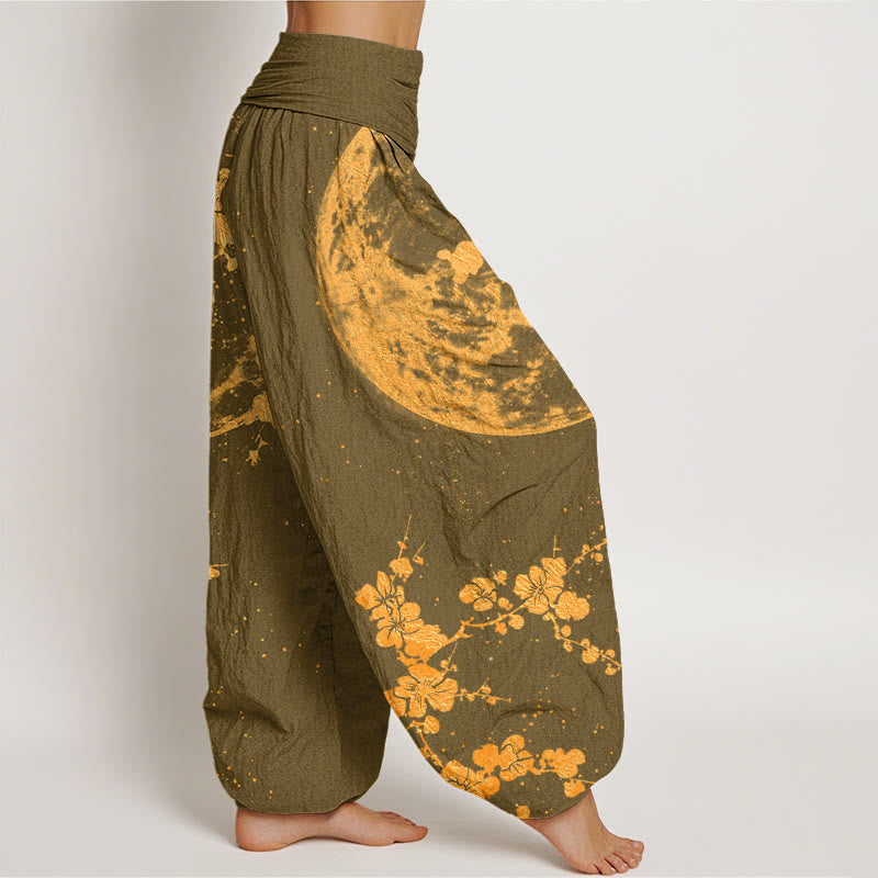Buddha Stones Goldene Pflaumenblüte Vollmondmuster Damen Haremshose mit elastischer Taille - image 7