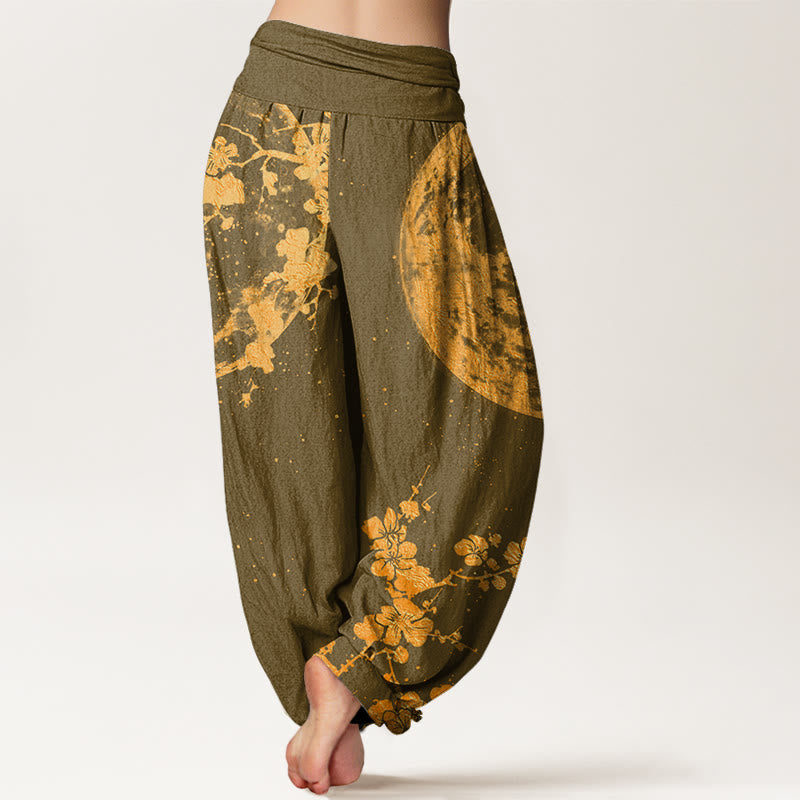 Buddha Stones Goldene Pflaumenblüte Vollmondmuster Damen Haremshose mit elastischer Taille - image 6
