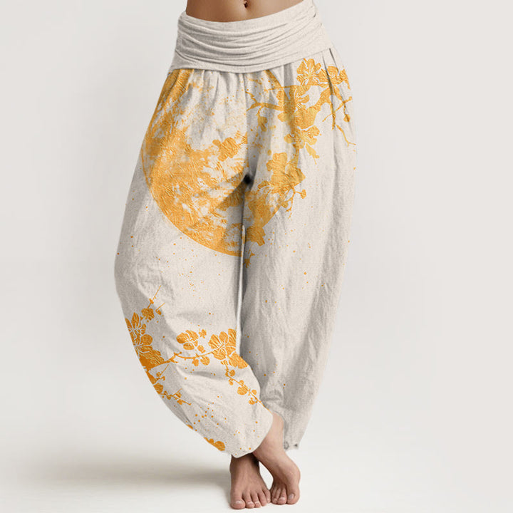 Buddha Stones Goldene Pflaumenblüte Vollmondmuster Damen Haremshose mit elastischer Taille - Beige - US22， UK/AU26，EU54 (6XL) - image 8