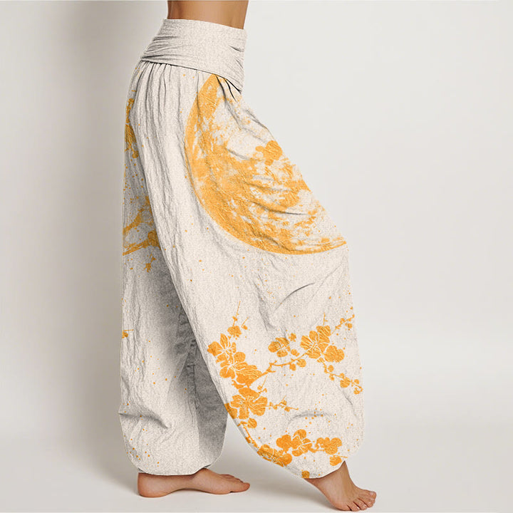 Buddha Stones Goldene Pflaumenblüte Vollmondmuster Damen Haremshose mit elastischer Taille - image 10