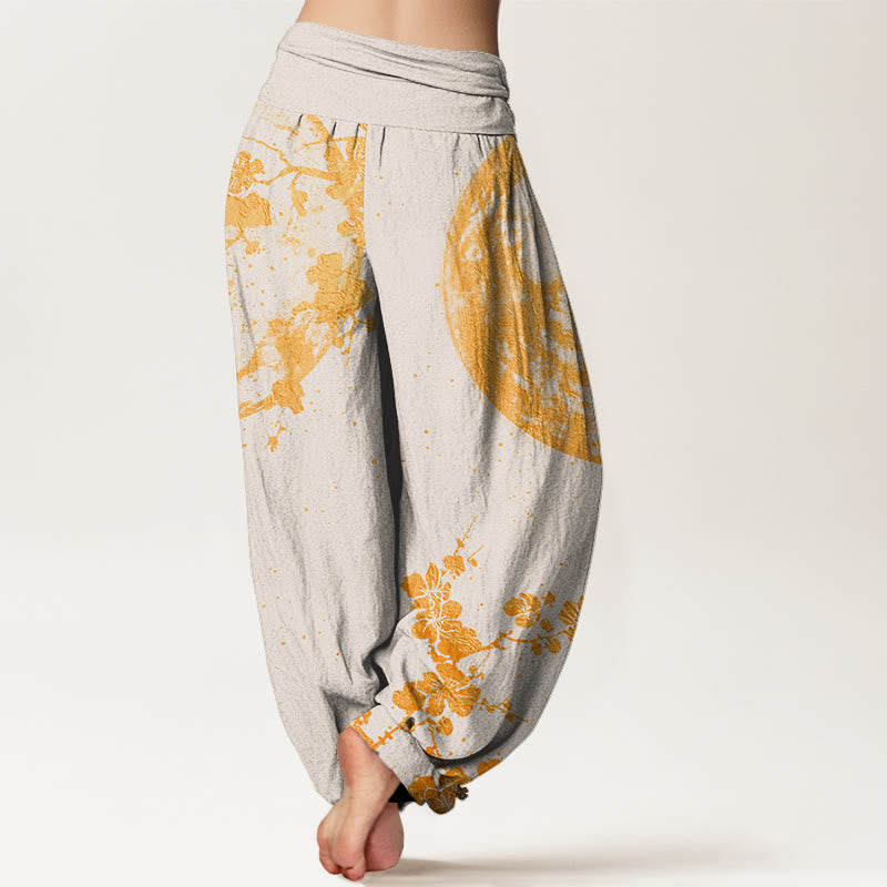Buddha Stones Goldene Pflaumenblüte Vollmondmuster Damen Haremshose mit elastischer Taille - image 9