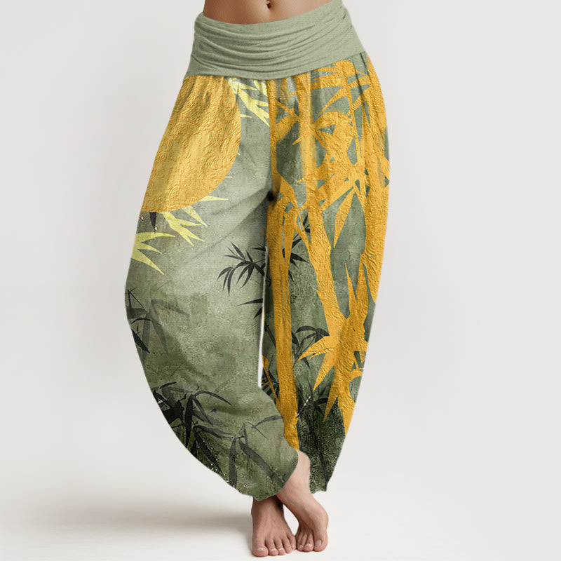 Buddha Stones, Bambusblätter, Vollmond-Muster, Damen-Haremshose mit elastischer Taille - Hellgrün - US22， UK/AU26，EU54 (6XL) - image 1