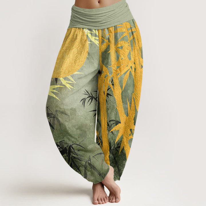Buddha Stones, Bambusblätter, Vollmond-Muster, Damen-Haremshose mit elastischer Taille - Hellgrün - US22， UK/AU26，EU54 (6XL) - image 1