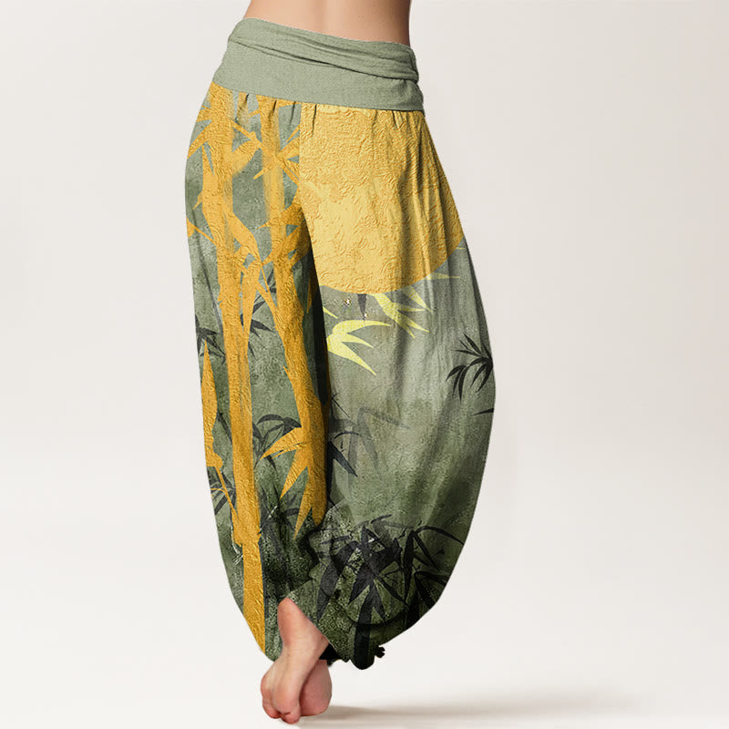 Buddha Stones, Bambusblätter, Vollmond-Muster, Damen-Haremshose mit elastischer Taille - image 2