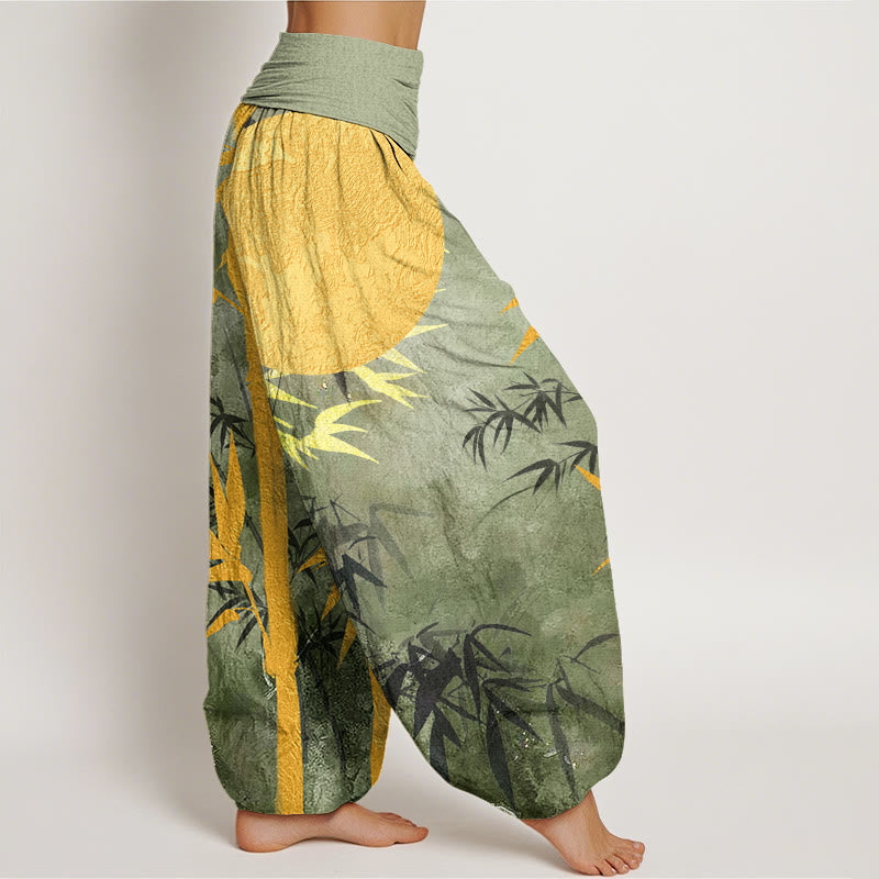 Buddha Stones, Bambusblätter, Vollmond-Muster, Damen-Haremshose mit elastischer Taille - image 3
