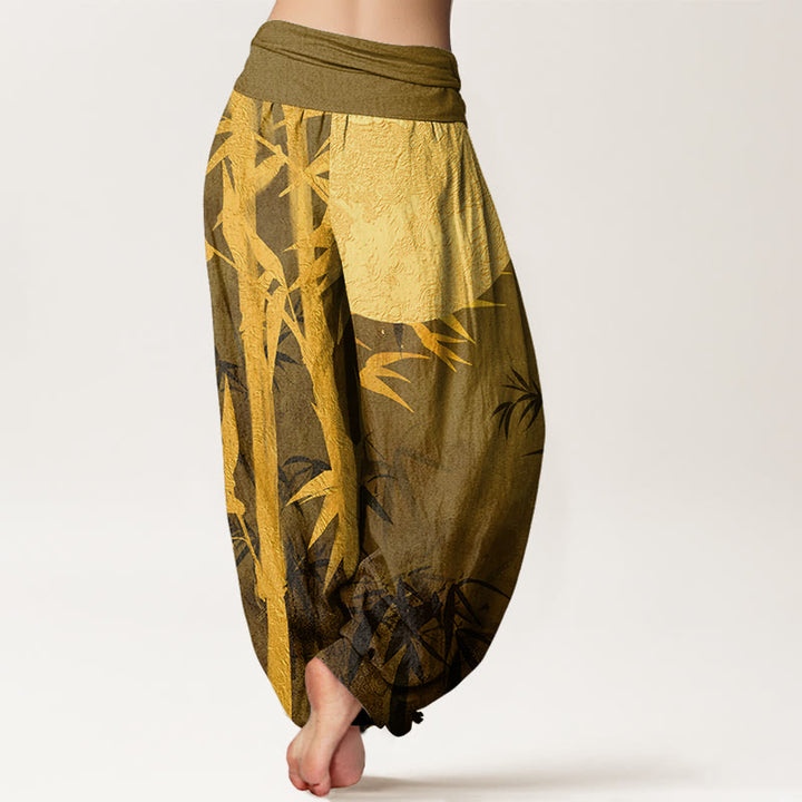 Buddha Stones, Bambusblätter, Vollmond-Muster, Damen-Haremshose mit elastischer Taille - image 6