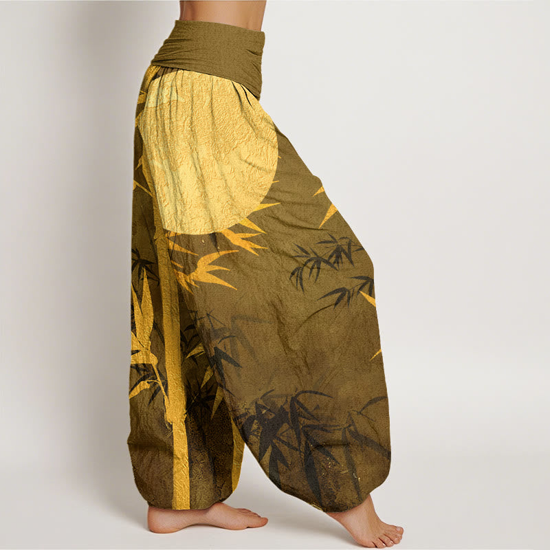 Buddha Stones, Bambusblätter, Vollmond-Muster, Damen-Haremshose mit elastischer Taille - image 7