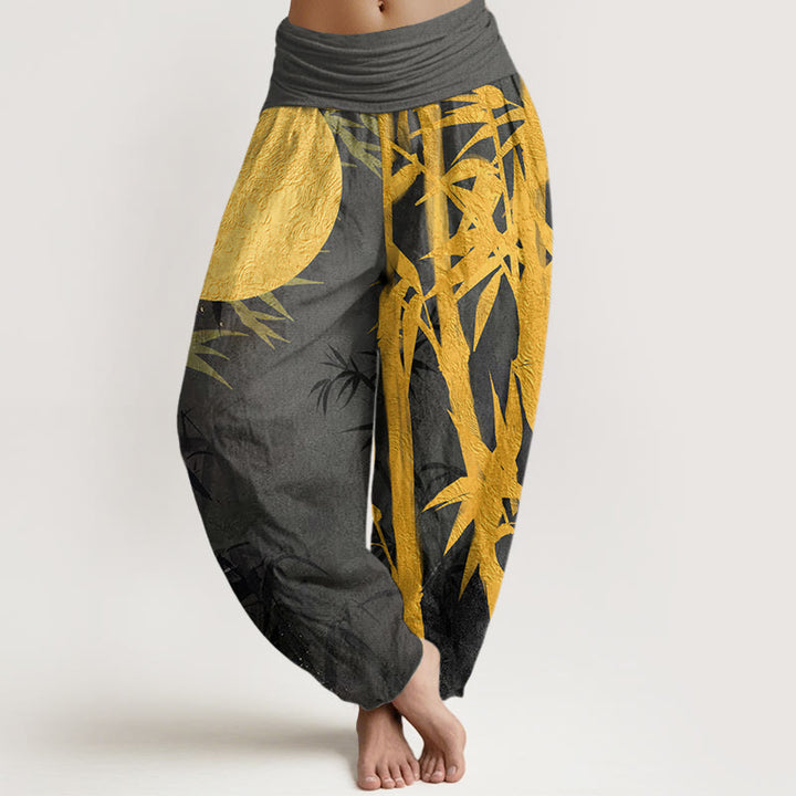 Buddha Stones, Bambusblätter, Vollmond-Muster, Damen-Haremshose mit elastischer Taille - DunkelSchiefergrau - US22， UK/AU26，EU54 (6XL) - image 8