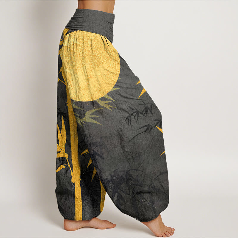 Buddha Stones, Bambusblätter, Vollmond-Muster, Damen-Haremshose mit elastischer Taille - image 10