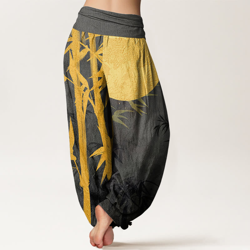 Buddha Stones, Bambusblätter, Vollmond-Muster, Damen-Haremshose mit elastischer Taille - image 9