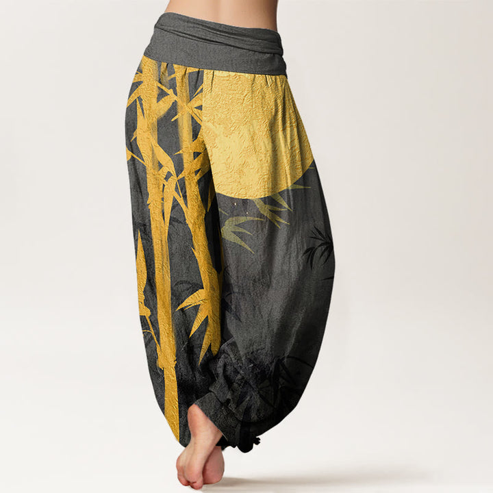 Buddha Stones, Bambusblätter, Vollmond-Muster, Damen-Haremshose mit elastischer Taille - image 9