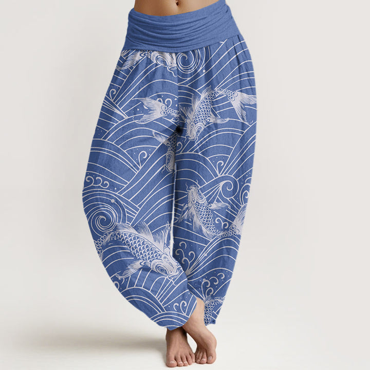 Buddha Stones Koi Fisch Wellenmuster Damen Haremshose mit elastischer Taille