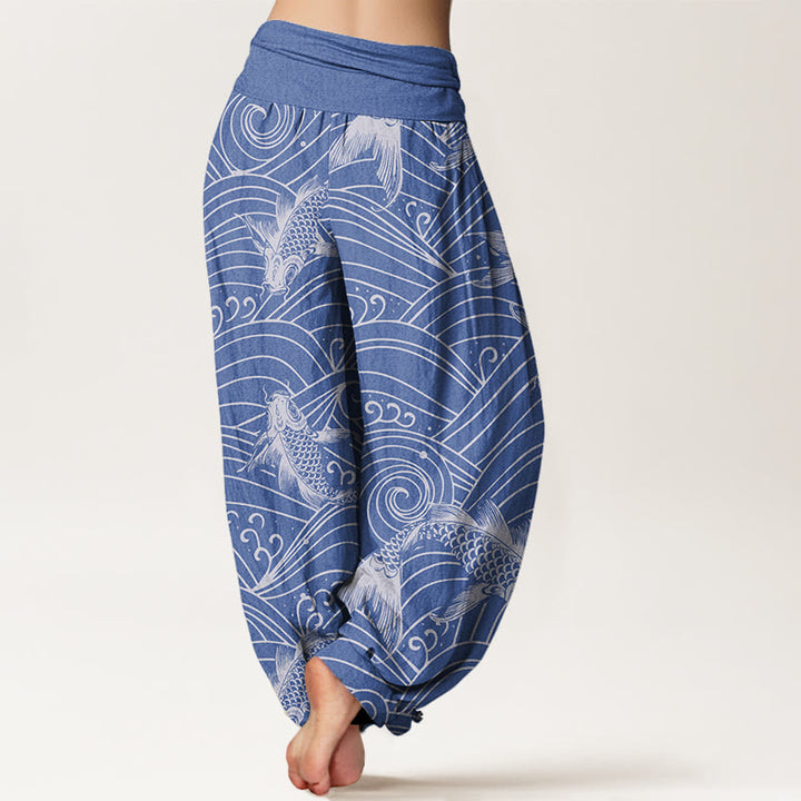 Buddha Stones Koi Fisch Wellenmuster Damen Haremshose mit elastischer Taille