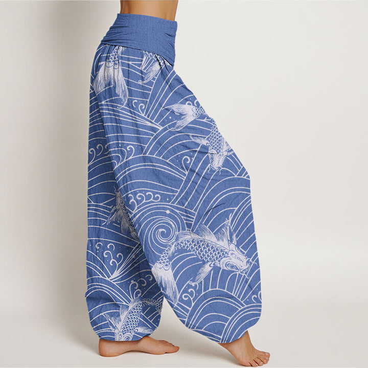 Buddha Stones Koi Fisch Wellenmuster Damen Haremshose mit elastischer Taille