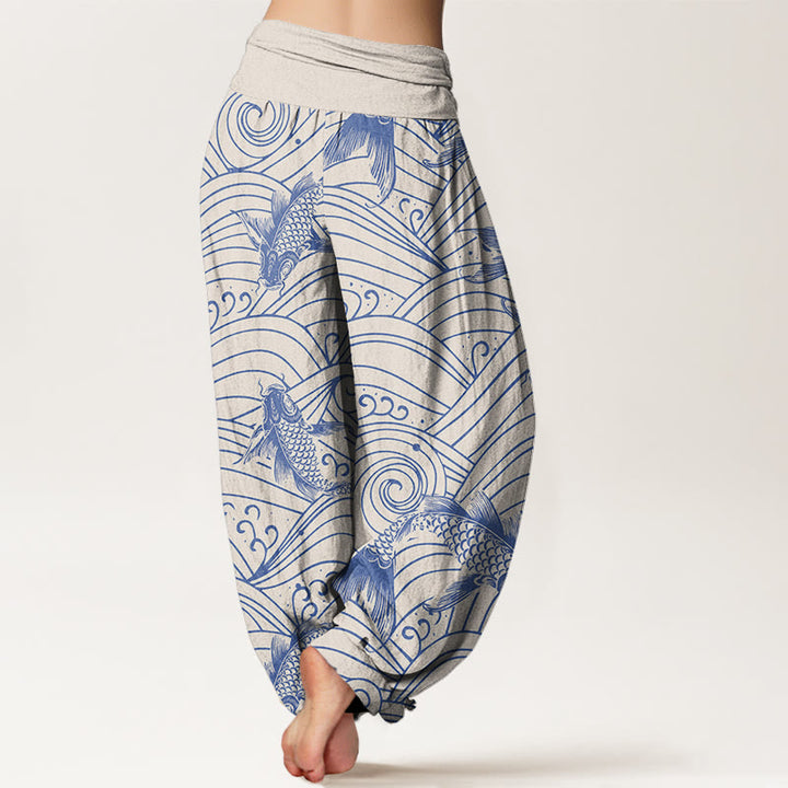 Buddha Stones Koi Fisch Wellenmuster Damen Haremshose mit elastischer Taille