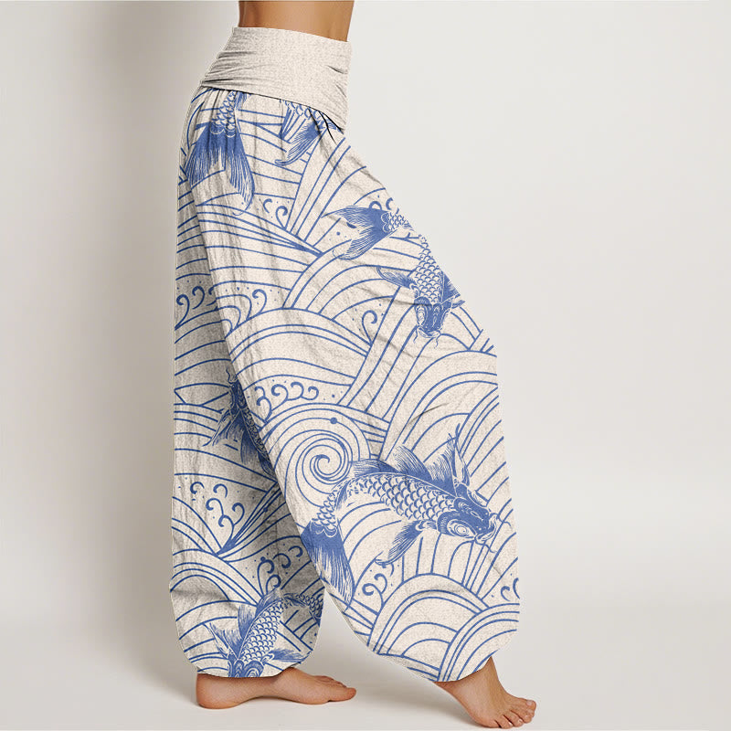 Buddha Stones Koi Fisch Wellenmuster Damen Haremshose mit elastischer Taille