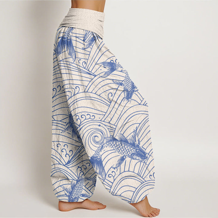 Buddha Stones Koi Fisch Wellenmuster Damen Haremshose mit elastischer Taille
