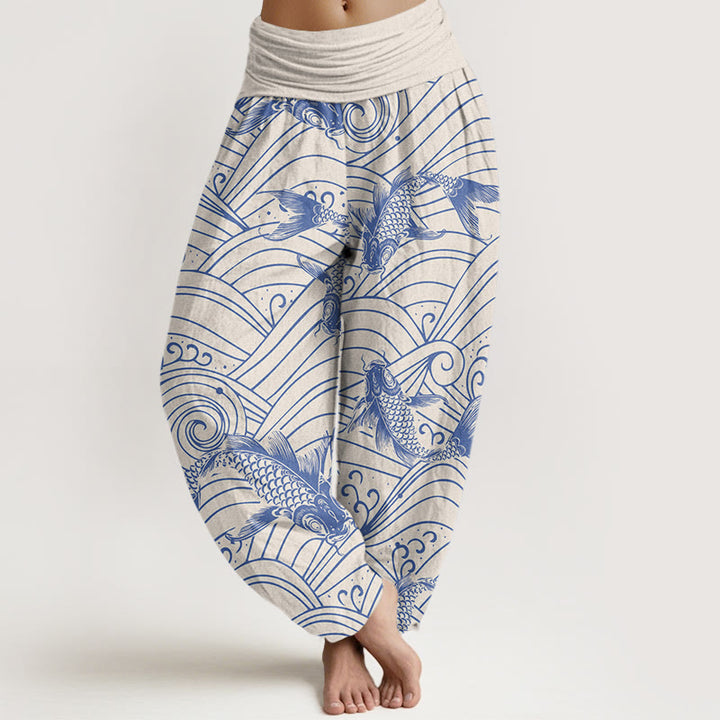 Buddha Stones Koi Fisch Wellenmuster Damen Haremshose mit elastischer Taille
