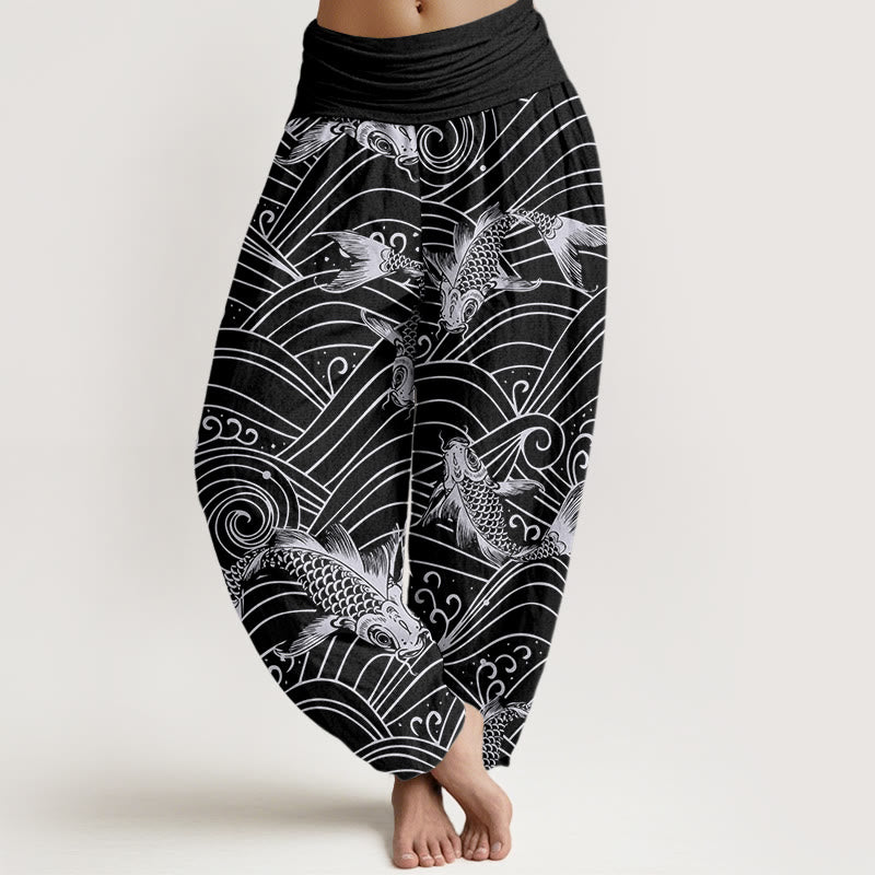 Buddha Stones Koi Fisch Wellenmuster Damen Haremshose mit elastischer Taille