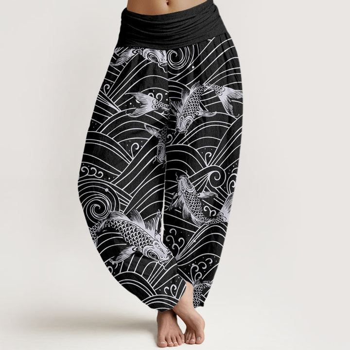Buddha Stones Koi Fisch Wellenmuster Damen Haremshose mit elastischer Taille