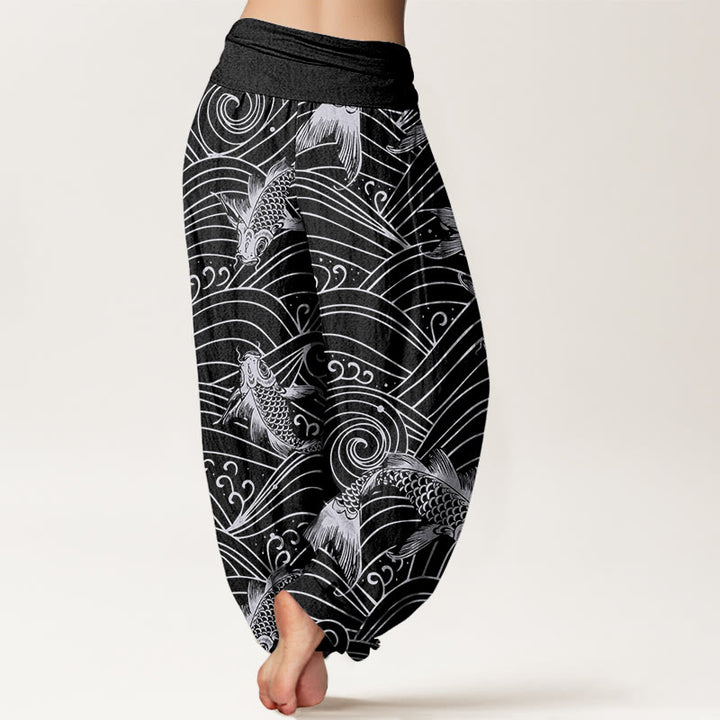 Buddha Stones Koi Fisch Wellenmuster Damen Haremshose mit elastischer Taille