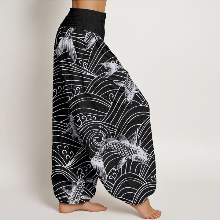 Buddha Stones Koi Fisch Wellenmuster Damen Haremshose mit elastischer Taille