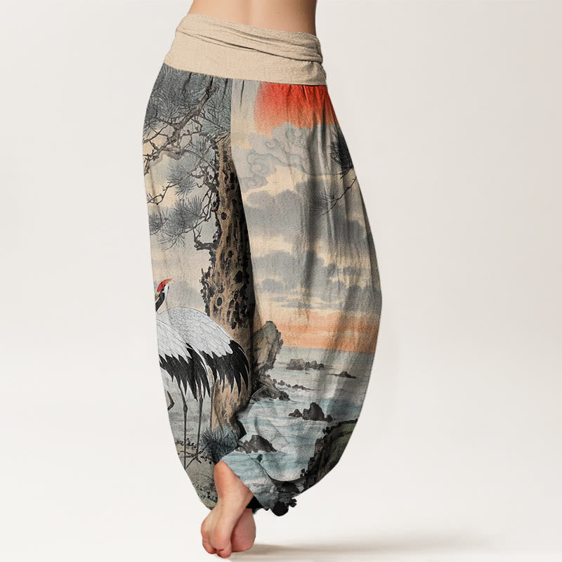 Buddha Stones Lässige Haremshose für Damen mit elastischer Taille und Mandschurenkranich-Sonnenbaum-Muster - image 2