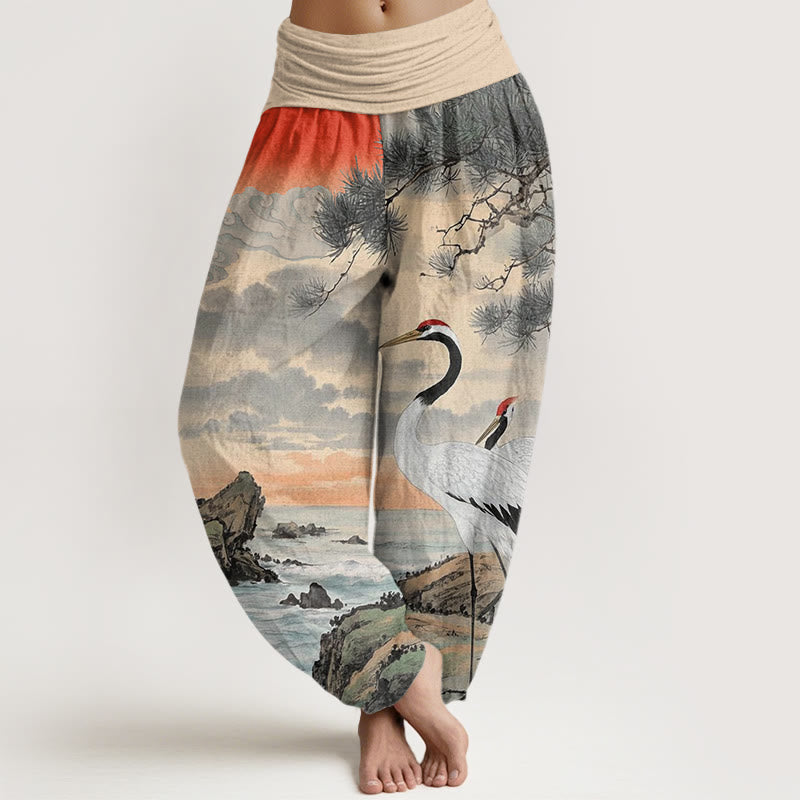 Buddha Stones Lässige Haremshose für Damen mit elastischer Taille und Mandschurenkranich-Sonnenbaum-Muster - Blasse Goldrute - US22， UK/AU26，EU54 (6XL) - image 1
