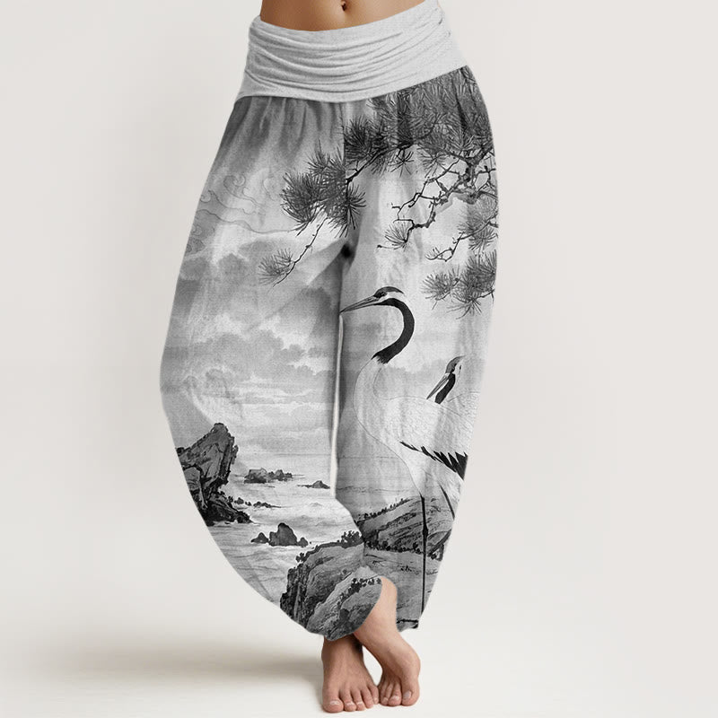 Buddha Stones Lässige Haremshose für Damen mit elastischer Taille und Mandschurenkranich-Sonnenbaum-Muster - Hellgrau - US22， UK/AU26，EU54 (6XL) - image 5