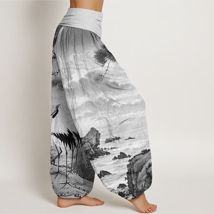 Buddha Stones Lässige Haremshose für Damen mit elastischer Taille und Mandschurenkranich-Sonnenbaum-Muster - image 7