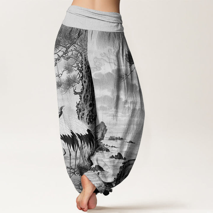 Buddha Stones Lässige Haremshose für Damen mit elastischer Taille und Mandschurenkranich-Sonnenbaum-Muster - image 6