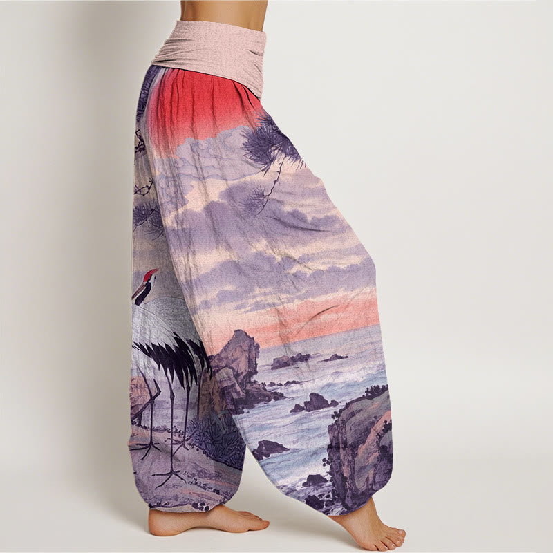 Buddha Stones Lässige Haremshose für Damen mit elastischer Taille und Mandschurenkranich-Sonnenbaum-Muster - image 10