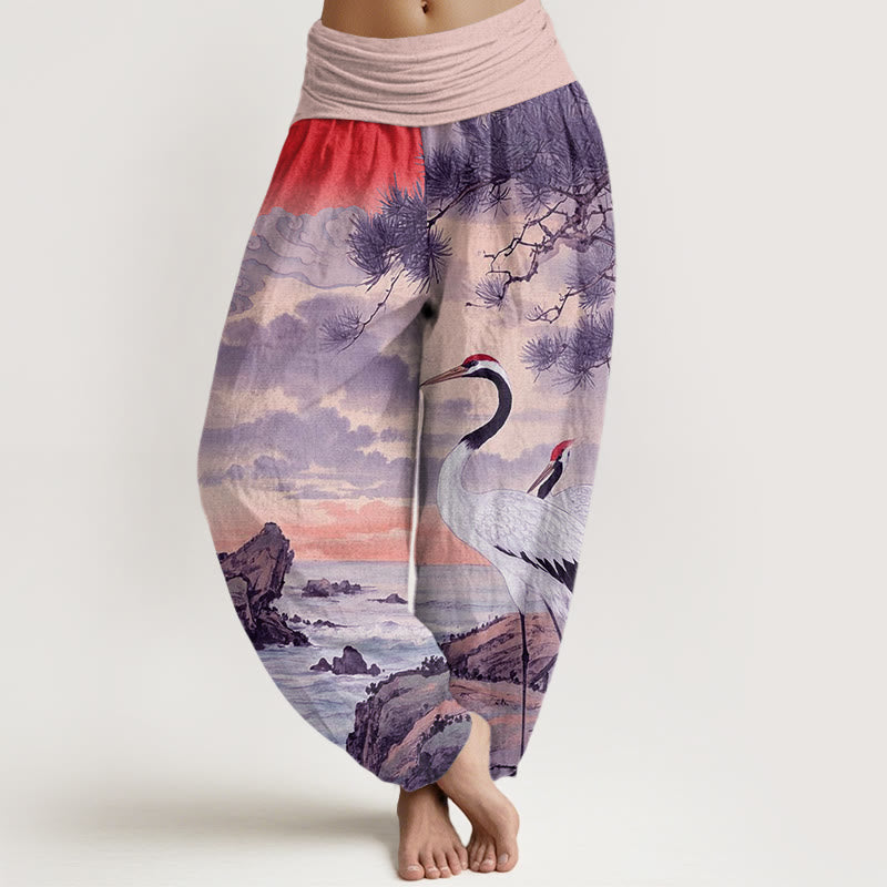 Buddha Stones Lässige Haremshose für Damen mit elastischer Taille und Mandschurenkranich-Sonnenbaum-Muster - Hellrosa - US22， UK/AU26，EU54 (6XL) - image 8