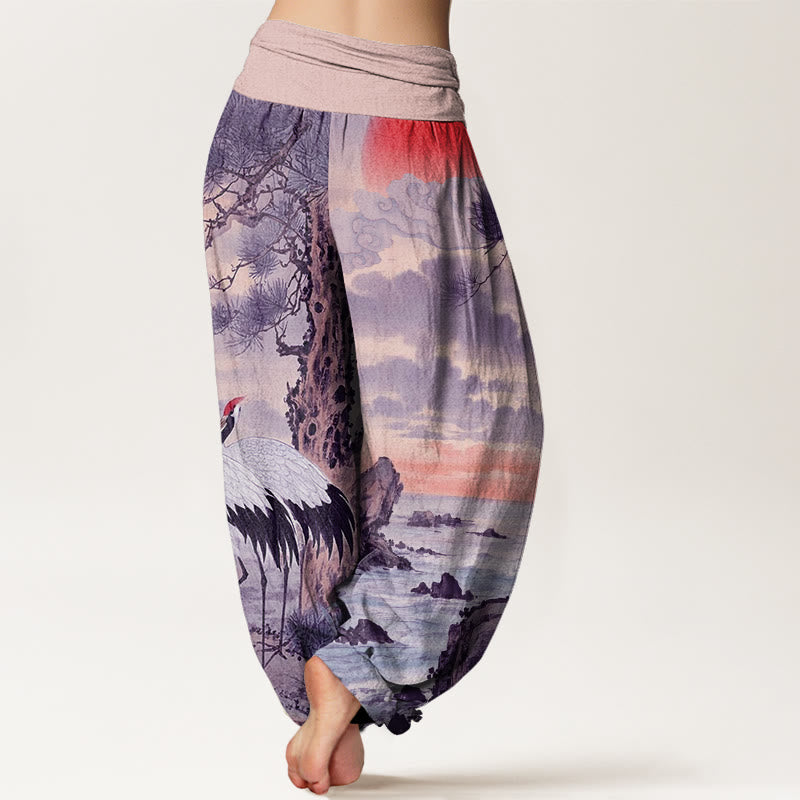 Buddha Stones Lässige Haremshose für Damen mit elastischer Taille und Mandschurenkranich-Sonnenbaum-Muster - image 9