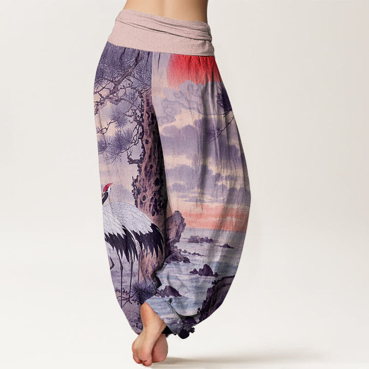 Buddha Stones Lässige Haremshose für Damen mit elastischer Taille und Mandschurenkranich-Sonnenbaum-Muster - image 9