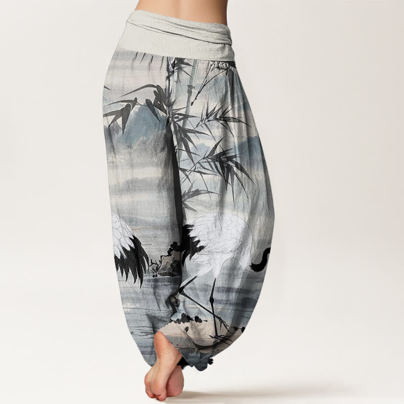 Buddha Stones Lässige Haremshose mit elastischer Taille für Damen mit Mandschurenkranich-Bambusblättern und Bergmuster - image 2