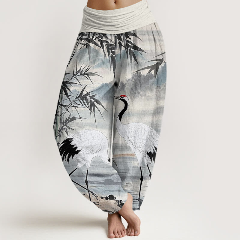 Buddha Stones Lässige Haremshose mit elastischer Taille für Damen mit Mandschurenkranich-Bambusblättern und Bergmuster - Weißer Rauch - US22， UK/AU26，EU54 (6XL) - image 1