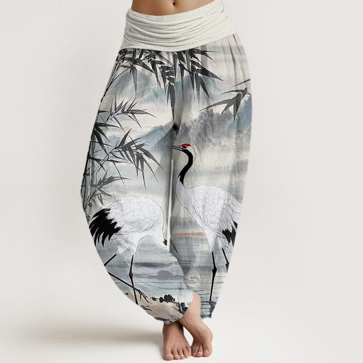 Buddha Stones Lässige Haremshose mit elastischer Taille für Damen mit Mandschurenkranich-Bambusblättern und Bergmuster - Weißer Rauch - US22， UK/AU26，EU54 (6XL) - image 1