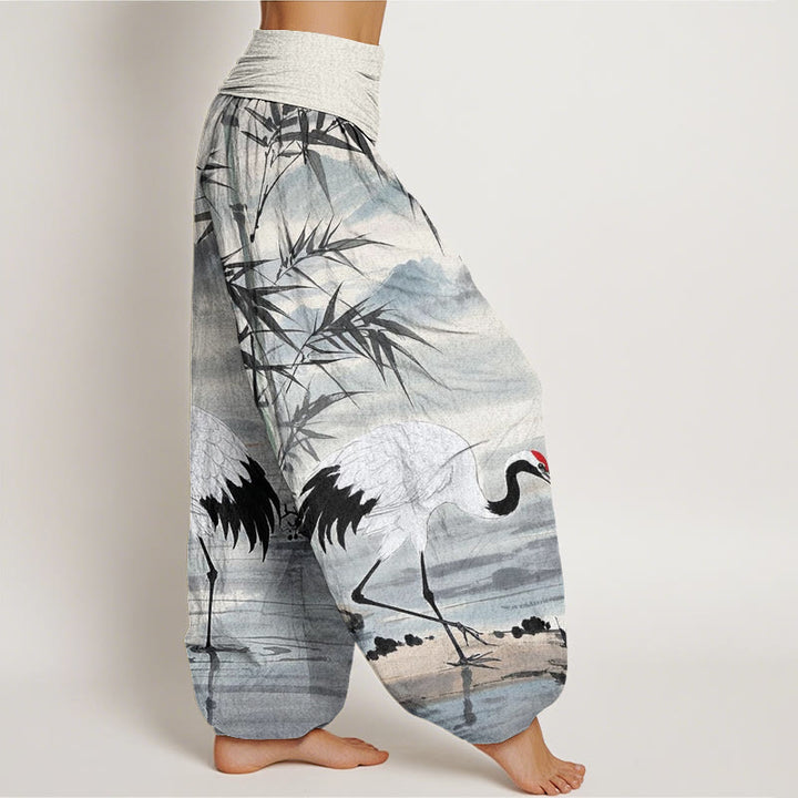 Buddha Stones Lässige Haremshose mit elastischer Taille für Damen mit Mandschurenkranich-Bambusblättern und Bergmuster - image 3