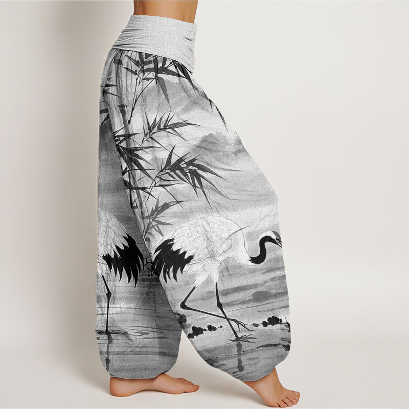 Buddha Stones Lässige Haremshose mit elastischer Taille für Damen mit Mandschurenkranich-Bambusblättern und Bergmuster - image 7